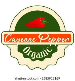 Cayenne pepper round logo sticker. Classic organic green label with red cayenne pepper. Ready design for packaging tag. Seasonal badge for your product.