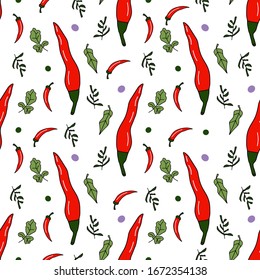 Cayenne. Red chilli peppers and herbs. Vector seamless pattern isolated on white background. Cartoon style. Design for banners, posters, cards, fabric, wallpapers, scrapbooking.