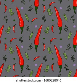 Cayenne. Pimientos y hierbas chile rojos. Patrón velero en fondo gris. Estilo de caricatura. Diseño para banners, carteles, tarjetas, tela, fondos de pantalla, scrapbooking.