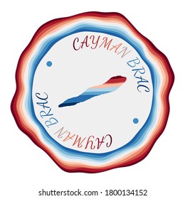 Cayman Brac badge. Map of the island with beautiful geometric waves and vibrant red and blue frame. Vivid round Cayman Brac logo. Vector illustration.