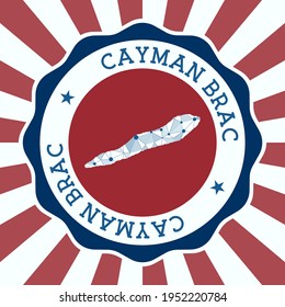 Cayman Brac Badge. Round logo of island with triangular mesh map and radial rays. EPS10 Vector.