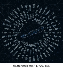 Cayman Brac digital map. Binary rays radiating around glowing island. Internet connections and data exchange design. Vector illustration.