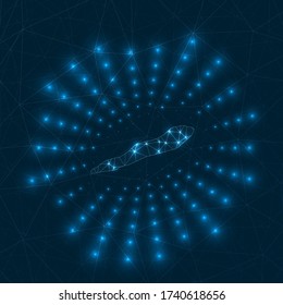 Cayman Brac digital map. Glowing rays radiating from the island. Network connections and telecommunication design. Vector illustration.