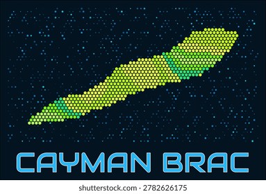 Cayman Brac hexagon dots map. Digital style shape of the island. Cayman Brac map and title. Tiny green colored hexagons, sparse blue dots at background. Vector Illustration.