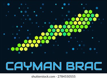 Cayman Brac hexagon dots map. Digital style shape of the island. Cayman Brac map and title. Large green colored hexagons, sparse blue dots at background. Vector Illustration.