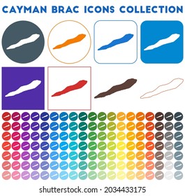 Cayman Brac icons collection. Bright colourful trendy map icons. Modern Cayman Brac badge with island map. Vector illustration.