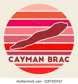 Cayman Brac logo. Sign with the map of island and colored stripes, vector illustration. Can be used as insignia, logotype, label, sticker or badge of the Cayman Brac.