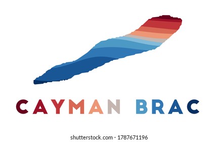 Cayman Brac map. Map of the island with beautiful geometric waves in red blue colors. Vivid Cayman Brac shape. Vector illustration.