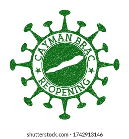 Cayman Brac reopening stamp. Green round badge of island with map of Cayman Brac. Island opening after lockdown. Vector illustration.