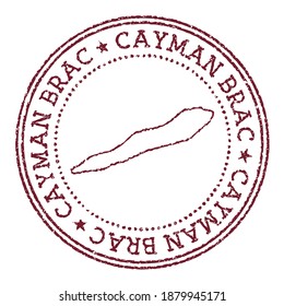 Cayman Brac round rubber stamp with island map. Vintage red passport stamp with circular text and stars, vector illustration.