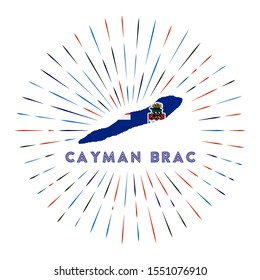 Cayman Brac sunburst badge. The island sign with map of Cayman Brac with Caymanian flag. Colorful rays around the logo. Vector illustration.