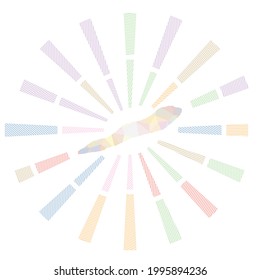 Cayman Brac sunburst. Low poly striped rays and map of the island. Appealing vector illustration.