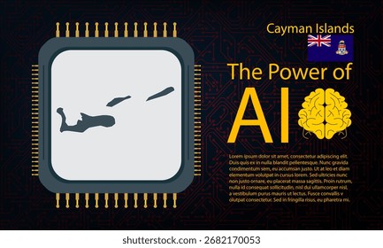 Mapa de la isla de Caimán con la guerra del microchip y el concepto de la IA en la placa de circuito, poder de la IA con el mapa del país. Conectividad global con big data.
