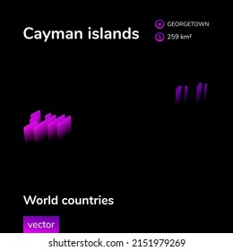 Cayman Islands 3D map. Stylized neon simple digital isometric striped vector Map of Cayman Islands is in violet colors on black background