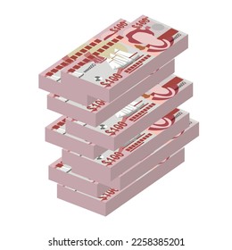 Ilustración del vector del dólar de las Islas Caimán. Dinero de las Islas Caimán (Reino Unido) que fija billetes en paquete. Dinero en papel 100 KYD. Estilo plano. Aislado sobre fondo blanco. Diseño sencillo y mínimo.