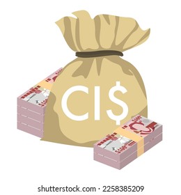 Cayman Islands Dollar Vector Illustration. Cayman Islands (UK) money set bundle banknotes. Money bag 100 KYD. Flat style. Isolated on white background. Simple minimal design.