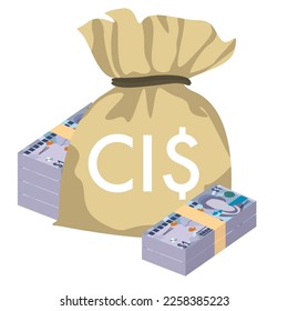 Cayman Islands Dollar Vector Illustration. Cayman Islands (UK) money set bundle banknotes. Money bag 1 KYD. Flat style. Isolated on white background. Simple minimal design.