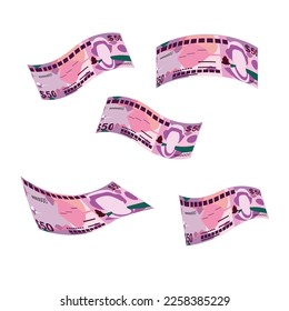 Ilustración del vector del dólar de las Islas Caimán. Dinero de las Islas Caimán (Reino Unido) que fija billetes en paquete. Cayendo, volando dinero 50 KYD. Estilo plano. Aislado sobre fondo blanco. Diseño sencillo y mínimo.