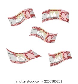 Ilustración del vector del dólar de las Islas Caimán. Dinero de las Islas Caimán (Reino Unido) que fija billetes en paquete. Cayendo, volando 100 KYD. Estilo plano. Aislado sobre fondo blanco. Diseño sencillo y mínimo.