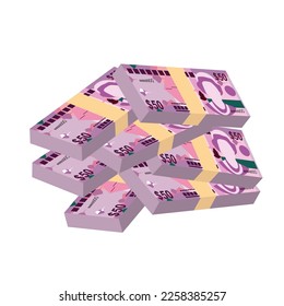 Ilustración del vector del dólar de las Islas Caimán. Dinero de las Islas Caimán (Reino Unido) que fija billetes en paquete. Dinero en papel 50 KYD. Estilo plano. Aislado sobre fondo blanco. Diseño sencillo y mínimo.