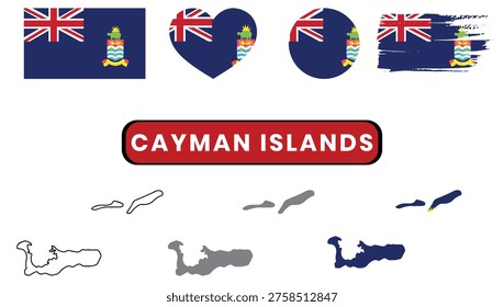 Cayman islands flag and map illustrations with various symbols