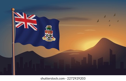 Cayman Islands flag with mountains and morning sun in the background
