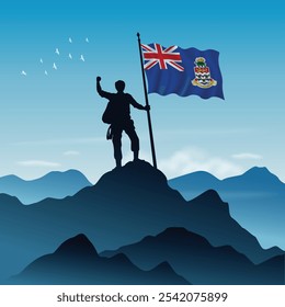 Cayman Islands Flag raised on a mountain peak with clear sky in the background, vector illustration