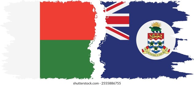 Cayman Islands and Madagascar grunge flags connection, vector