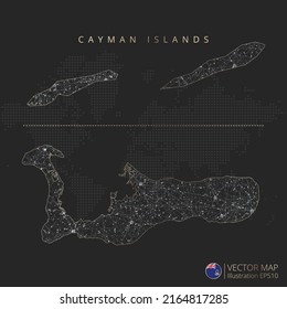 Cayman Islands map abstract geometric mesh polygonal light concept with black and white glowing contour lines countries and dots on dark background. Vector illustration.