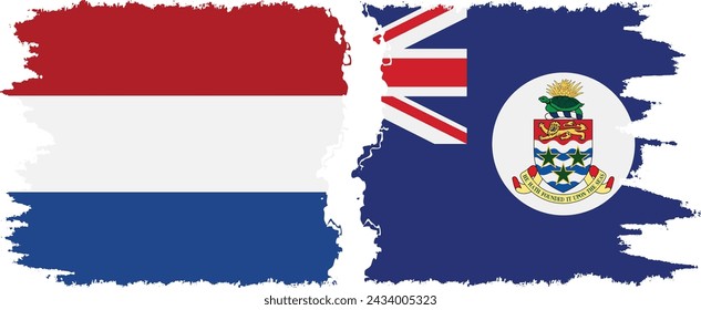 Cayman Islands and Netherlands grunge flags connection, vector