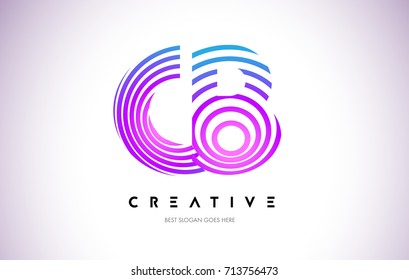 CB Lines Warp Logo Design.Vector Letter Icon Made with Purple Circular Lines.