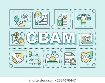 Concepto de texto CBAM con varios iconos sobre fondo monocromático verde, ilustración vectorial 2D.