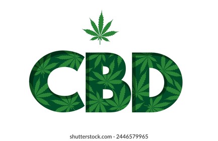 Abreviatura CBD de Cannabidiol, letras creadas a partir de hojas de cannabis. Componente de uso médico de la planta de cannabis. Bueno para diseño de etiquetas, folletos y material didáctico