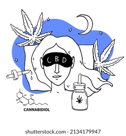 CBD cannabidiol for healthy night sleep concept banner. Woman sleeping in sleep mask with medicinal preparation of hemp cbd oil tincture. Vector cartoon illustration
