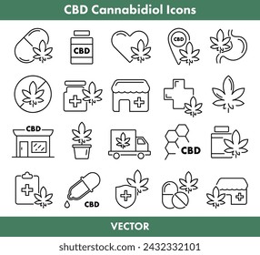 CBD Cannabidiol linear icons collection. Medical cannabis icon set. 