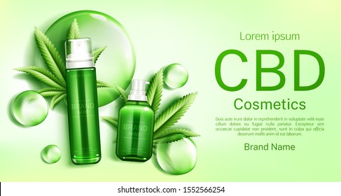 Cbd Cosmetics Bottles With Cannabis Leaves And Bubbles Web Banner Mockup, Glass Tubes With Hemp Cannabinoid Extract. Legal Marijuanna Weed Thc Cosmetic Product Promo. Realistic 3d Vector Illustration