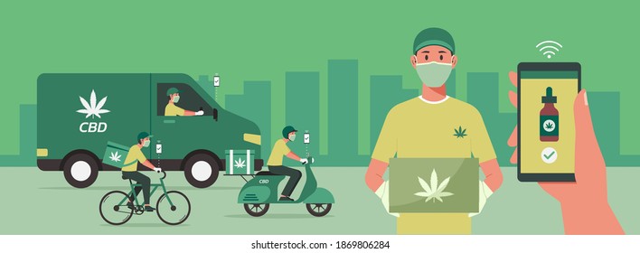 CBD Delivery Concept, Delivery Men On Vihecles On The Way And Holding Box Waiting For Customer, Human Hand Using Phone With Mobile App Order Cannabis Online, Smart Logistic, Flat Vector Illustration