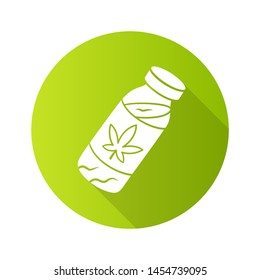 CBD drink flat design long shadow glyph icon. Weed product. Cannabis industry. Ganja cocktail. Relaxing beverage. Bottle with herbal liquid. Marijuana legalization. Vector silhouette illustration