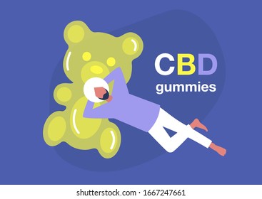 CBD edible jelly candy, young indian male character lying on a giant gummy bear, recreational drugs, relaxing atmosphere