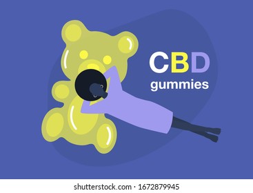 CBD edible jelly candy, young black female character lying on a giant gummy bear, recreational drugs, relaxing atmosphere