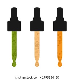 CBD (green, isolate, gold) pipette droplets. Illustrating the different types of cannabidiol and Hemp extract tinctures. Colourful oil dropper icons isolated on white background.