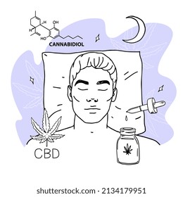 CBD for healthy night sleep concept. Man sleeping  with medicinal preparation of cannabidiol. Medicine oil with cbd against insomnia concept. Vector illustration banner in cartoon outline style
