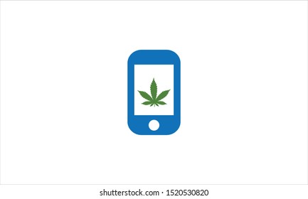 Hoja de cáñamo CBD en teléfono móvil con diseño de logotipo mínimo plano