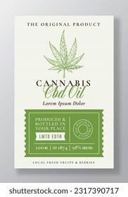 Vorlage für die Vectorpackung für die Vektor-Bezeichnungen der CBD-Hanf-Öl-Hülle. Moderne Typografie und handgezeichneter Cannabis-Anlagenzweig mit hinterem Sketch-Illustration-Hintergrunddesign. isoliert