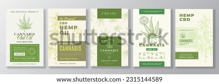 CBD Hemp Oil Vector Package Labels Bundle. Modern Typography and Hand Drawn Cannabis Plant Branch with Leaves Sketch Illustrations Collection. Background Layouts with Seamless Pattern Design. Isolated