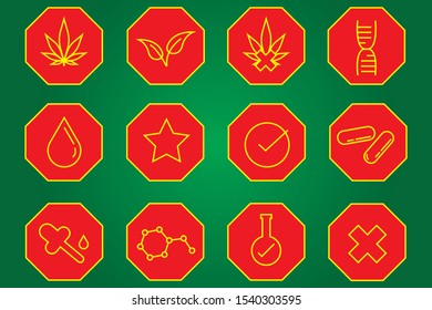 CBD icon set in red and yellow - multiple icons for CBD labels on marijuana products