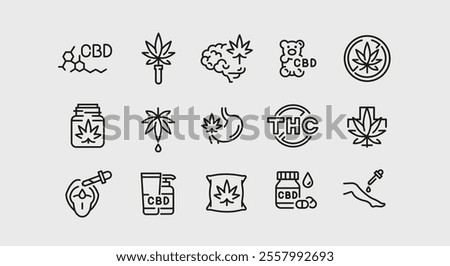 CBD icons. Set of 15 CBD trendy minimal icons. Example: Leaf, Pills, Flask, Bud, Dispensary icon. Design signs for web page, mobile app, packaging design. Vector illustration.