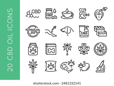 CBD icons. Set of 20 CBD trendy minimal icons. Example: Leaf, Pills, Flask, Bud, Dispensary icon. Design signs for web page, mobile app, packaging design. Vector illustration.