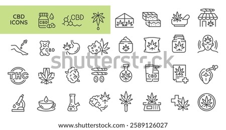 CBD icons. Set of 31 cannabis trendy minimal icons. Example: Leaf, Pills, Flask, Bud, Dispensary icon. Design signs for web page, mobile app, packaging design. Vector illustration.