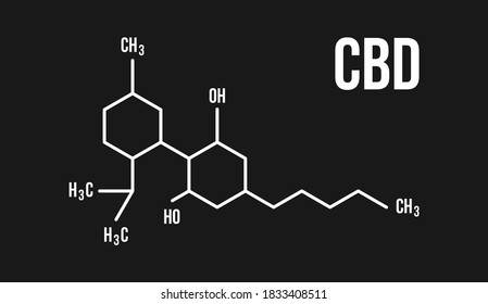 CBD molecular structure illustration. Cannabinol chemistry cannabis formula on black background vector icon logo isolated